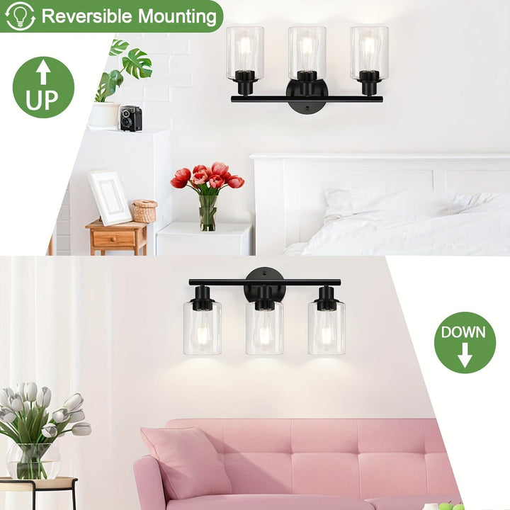 1 pza. Apliques de baño modernos, iluminación LED negra mate de 3 luces con base de bombilla E26, estilo granja, montaje en pared, sin batería, accesorio de iluminación