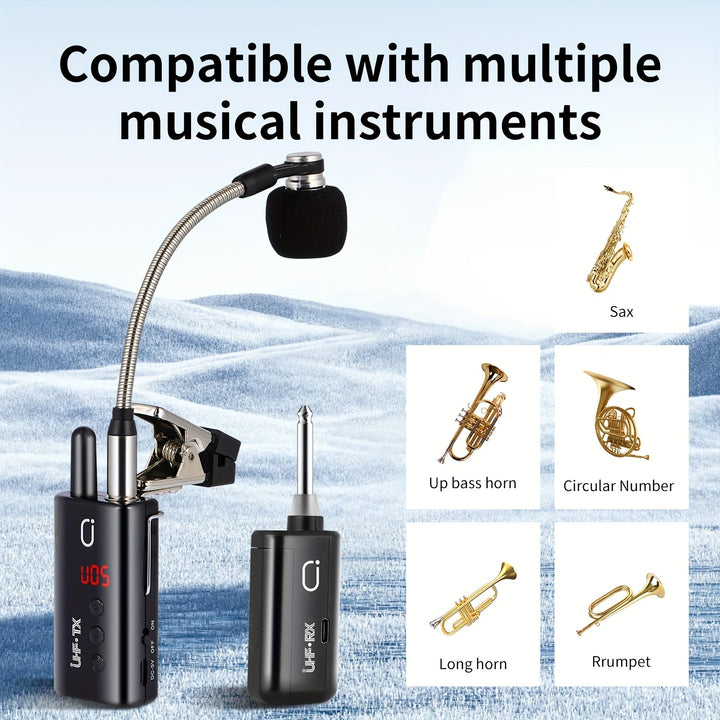 Artículo de Mayor Venta 2025: Micrófono sin varillas UHF para Saxofón, Microfono sin varillas para Escenario para Saxos y Trompetas con Sistema Plug-and-Play, Transmisor Recargable y Receptor, Distancia de Transmisión hasta 48.77 metros, Adecuado para Al