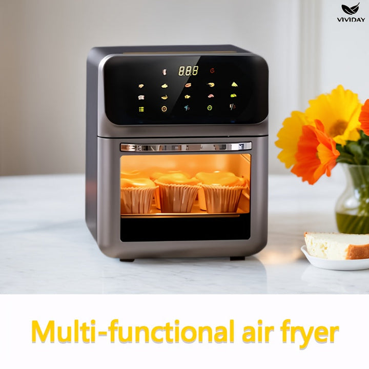 VIVIDAY, freidora de aire de gran capacidad con pantalla digital, interior antiadherente, 3 modos (auto, preestablecido, temporizador), construcción de acero inoxidable, ideal para uso en cocina doméstica, electrodoméstico de cocina moderno, vajilla dura