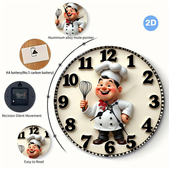 Reloj de Pared Colgante de Madera con Diseño de Cocina del Chef Feliz en 2D, Silencioso, Adecuado para Sala de Estar, Dormitorio, Decoración de Habitaciones, Hogar, Oficina, Día de San Valentín, Festivales, Artículo de Regalo, Batería No Incluida