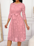 Vestido elegante con encaje floral, cinturón y dobladillo con volantes, cuello redondo y mangas 3/4, ideal para primavera y otoño, ropa de mujer