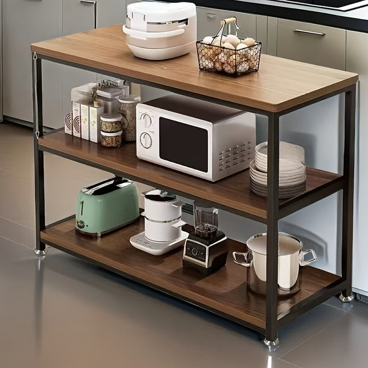 1pc Estante de almacenamiento de cocina clásico de varios niveles, marco de metal con estantes de madera artificial, organizador de almacenamiento abierto para microondas, refrigerios y artículos para el hogar, tablero de fibra de alta densidad, se requi