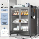 Estante de secado de platos de varios niveles moderno negro con puertas dobles a prueba de polvo, ganchos para utensilios y bandeja de goteo - Organizador de almacenamiento de cocina que ahorra espacio para platos, tazones y utensilios, estante de secado