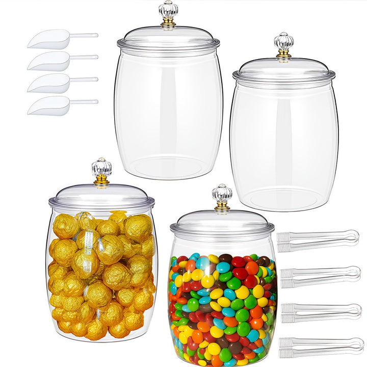 Juego de 4 frascos de dulces con cucharitas, frascos de plástico de 90 oz con tapa, contenedores de acrílico transparente para galletas sellados, recipientes resistentes de boca ancha, ideales para buffet de dulces, escritorio de oficina o mesa del hogar