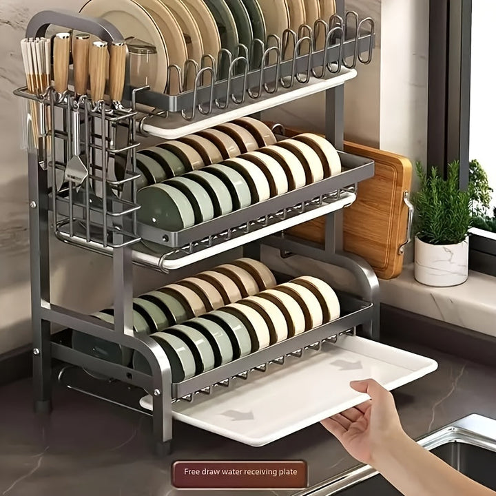 Estantería de Cocina de 3 Niveles con Sistema de Drenaje - Organizador Moderno y Minimalista para Utensilios, Platos y Boles, Ahorra Espacio en Cocinas Pequeñas