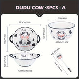 Juego de vajilla de cerámica moderna con lindo diseño de vaca de dibujos animados, platos y cuencos redondos con temática animal, adecuado para residencias universitarias y estudiantes universitarios - Juego de 3/4 piezas