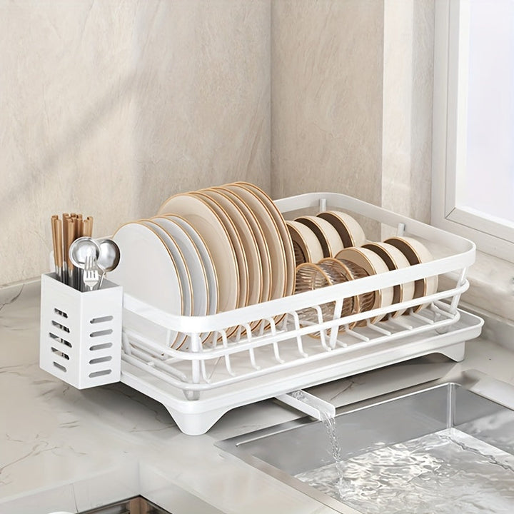 Escurridor de Platos Desmontable para Encimera, y Blanco, Ideal para Cocinas, Almacenamiento Lateral del Fregadero con Tubo de Drenaje Ajustable 360°, Esencial para Hogares Individuales o en Pareja