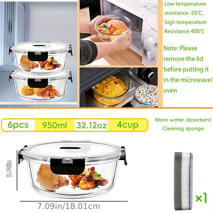 Juego de 2/4/6/8 recipientes de vidrio con tapa, versátiles de 950 ml para almacenar comida + 1 esponja de limpieza, con cierre hermético en todos los lados, contenedores de alimentos perfectos para chefs y amantes de la cocina