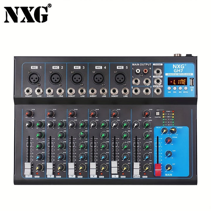 Consola de mezcla portátil de 7 canales NXG con puertos USB y MP3, alimentación fantasma de 48 V, construcción de aleación, funcionamiento con fuente de alimentación, enchufe estadounidense de 110-130 V, mezclador de audio profesional para grabaciones y