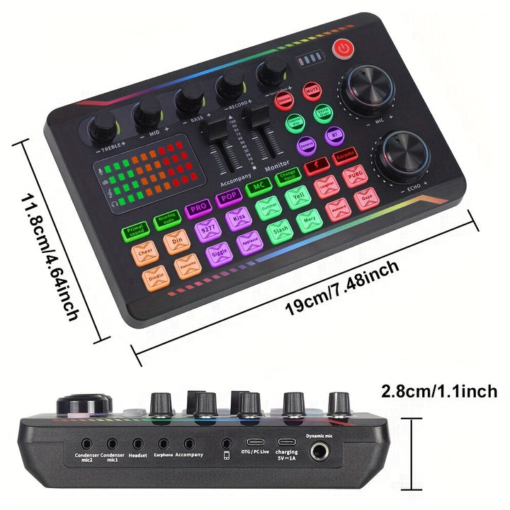 Mezclador de audio profesional con tarjeta de sonido en vivo y cambiador de voz, carga USB, ideal para podcasts, transmisiones en vivo y juegos, con interfaz de audio, efectos de mezcla DJ, alimentado por USB
