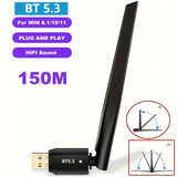 Adaptador sin varillas USB BT 5.3 de Largo Alcance, conexión máxima hasta 150 metros/49.21 pies, receptor sin varillas para escritorios y portátiles, compatible con Windows 8.1/Windows 10/Windows 11, ideal para conectar dispositivos sin cables