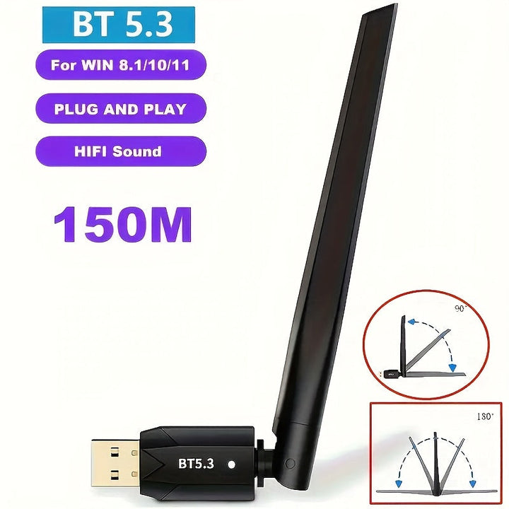 Adaptador sin varillas USB BT 5.3 de Largo Alcance, conexión máxima hasta 150 metros/49.21 pies, receptor sin varillas para escritorios y portátiles, compatible con Windows 8.1/Windows 10/Windows 11, ideal para conectar dispositivos sin cables