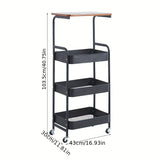 Carrito de Almacenamiento Versátil de 4 Niveles con Ruedas - Diseño Delgado, Tapa de Madera y Cestas de Malla para Cocina, Oficina, Baño - Estructura Metálica Duradera, Acabado en Polvo - Negro/Blanco, Ganchos de Utilidad