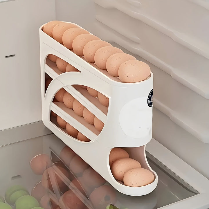 Estante de huevos giratorio de 4 capas - Diseño de puerta lateral que ahorra espacio, puede contener 30 huevos, acabado brillante y liso, asa conveniente, adecuado para almacenamiento en cocina y refrigerador | Accesorios de cocina modernos | Material pl
