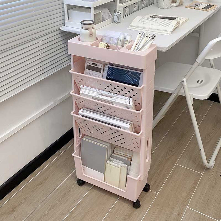 Estantería de Escritorio con 5 Niveles y Ruedas - Almacenamiento Multifuncional para Libros, Revistas y Periódicos - Adecuada para Oficina, Estudio, Dormitorio, Sala de Estar