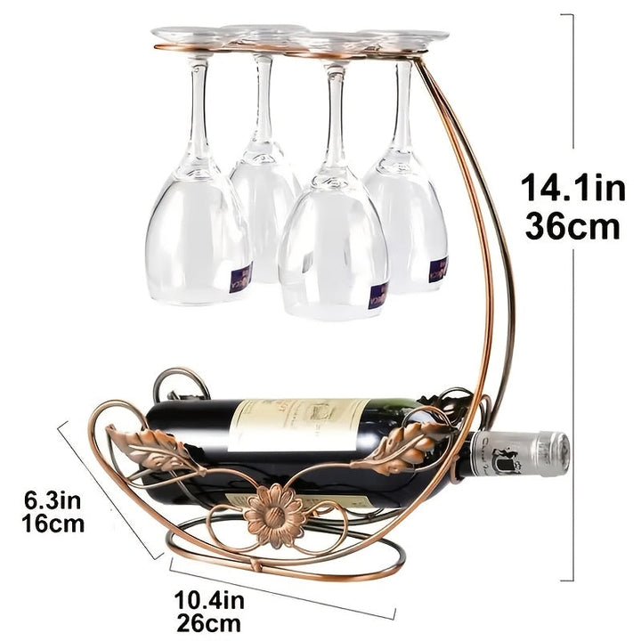Soporte de vino de metal al estilo europeo vintage y portavasos – Diseño de hábitat verde elegante, perfecto para armarios de vino, restaurantes, bares y decoración de fiestas. Sostiene 1 botella de vino y 4 vasos – Ideal regalo de vacaciones