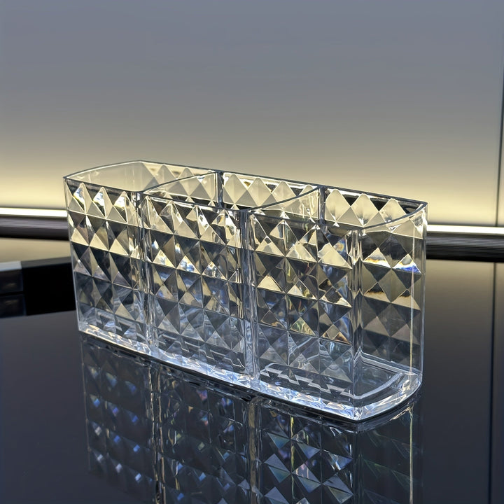 1pc Soporte de cepillo de maquillaje de acrílico de lujo - Organizador de cosméticos de 3 compartimentos, estuche de exhibición de mostrador, plástico ligero, no requiere energía, solución de almacenamiento independiente y elegante