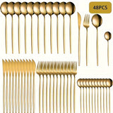 48 piezas Juego de cubiertos de acero inoxidable dorado, cubiertos pulidos espejo para 12, incluye tenedores, cuchillos, cucharas, aptos para lavavajillas, ideal para cocina casera, fiestas, Navidad, vajilla, caja de regalo navideña