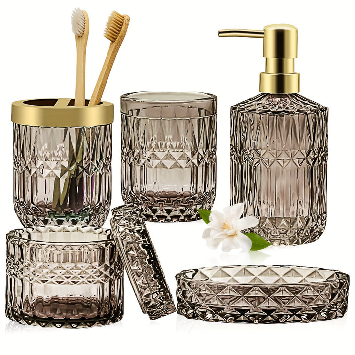 Juego de 5 piezas de vidrio de lujo para baño con recipiente para jabón, soporte para cepillo de dientes y dispensador de jabón para manos