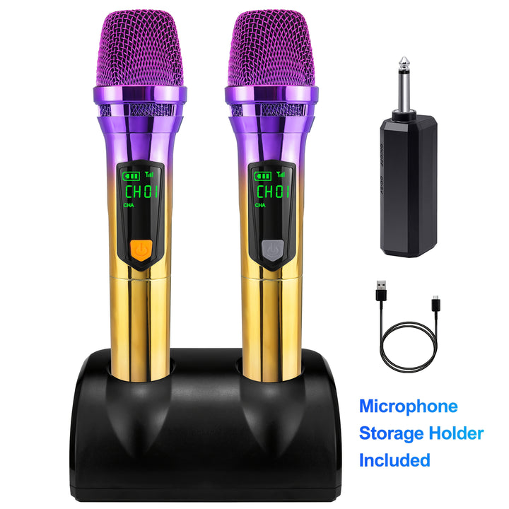 Micrófono sin varillas, Sistema de Micrófonos Dinámicos Portátiles Doble y Recargables con Soporte para Escritorio para Canto, Bodas, Fiestas y Enseñanza