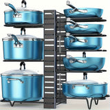 Organizador de Ollas y Sartenes de 8 Niveles - Resistente al Óxido, Antideslizante para Cocina - Diseño Ahorrador de Espacio con Soporte en el Piso para Hogar y Restaurante | Estante Metálico Duradero | Organizador Moderno para Utensilios