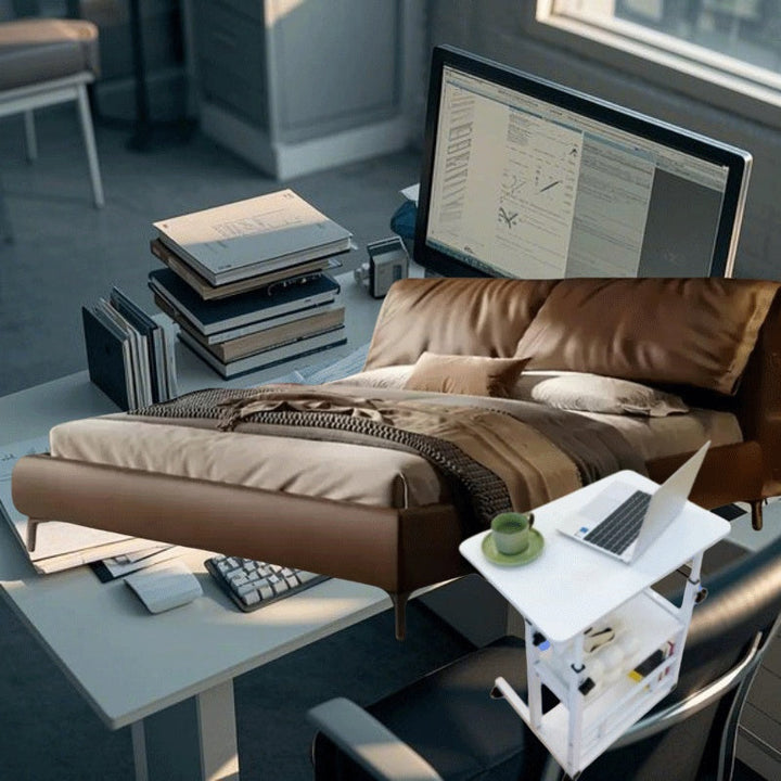 Escritorio de Computadora de Doble Capa con Altura Ajustable y Ruedas Bloqueables, Marco de Acero y Tablero de Madera Dura - Estantes Multinivel para Oficina en Casa, Estudio de Arte, Espacios Pequeños, Almacenamiento para Escritorio