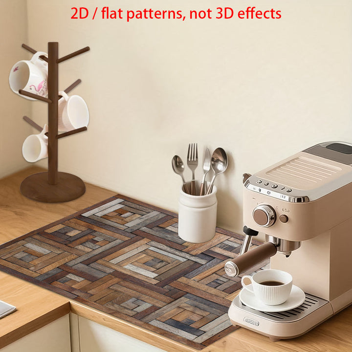 Un solo pieza, 2D plano "Textura de madera geométrica" hecha de goma, diseñada para ser resistente al calor y las rayas, con una superficie antideslizante, ideal para proteger cualquier cocina, lavadora, secadora y encimera de vidrio.