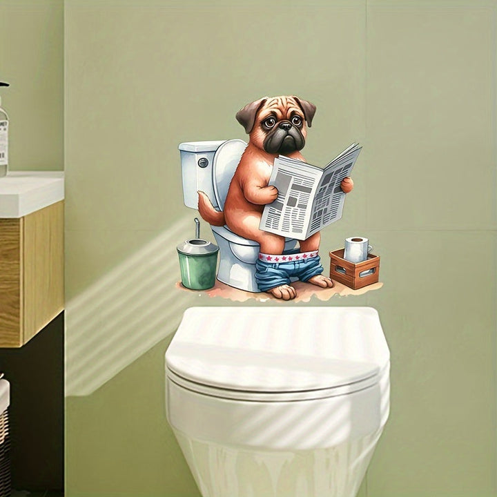 1 calcomanía autoadhesiva divertida de perro leyendo periódico para inodoro, decoración de baño con diseño juguetón, adhesivo desechable para cerámica, decoración humorística para el hogar