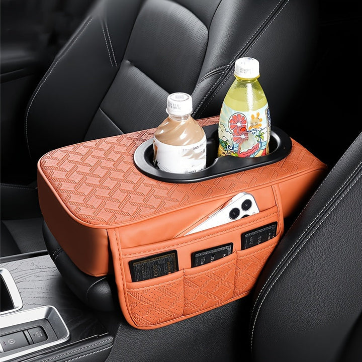 1pc Funda para Apoyabrazos de Coche con 2 Bolsillos Laterales y 2 Portavasos, Diseño de Patrón de Diamante Acolchado, Protector Interior de Vehículo para Teléfono, Botella, Tarjetas - Se Adapta a la Mayoría de Coches, SUVs, Camiones