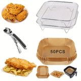 2 estantes cuadrados de acero inoxidable, 1 pinza resistente al calor y 50 hojas de papel pergamino para freidora con aire. Accesorio ideal para cocinar saludable en freidoras aéreas, compatible con varios modelos, perfecto para hornear y deshidratar, fá