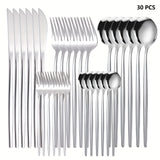 Juego de cubiertos de acero inoxidable de 30 piezas, incluyendo cuchillo de bistec, tenedores, cucharas y cucharadita, tenedores de cena, cucharas de cena, tenedores de frutas, cucharita pequeña para postre, cucharita de café, apto para lavavajillas, pul