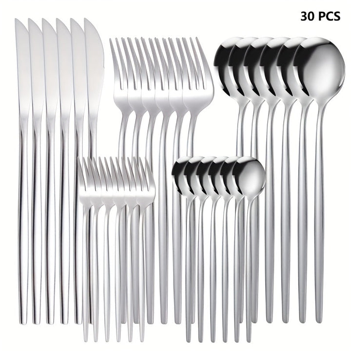Juego de cubiertos de acero inoxidable de 30 piezas, incluyendo cuchillo de bistec, tenedores, cucharas y cucharadita, tenedores de cena, cucharas de cena, tenedores de frutas, cucharita pequeña para postre, cucharita de café, apto para lavavajillas, pul