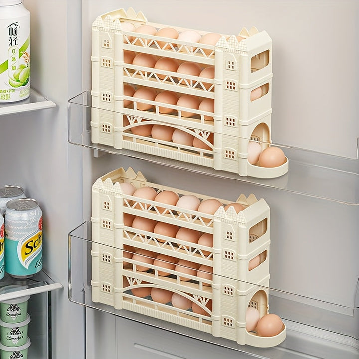 Soporte de huevos de plástico de 4 niveles con estilo moderno, ahorrador de espacio para refrigerador con diseño de rodado automático, adecuado para refrigerador, cocina, armario y mesa de comedor.
