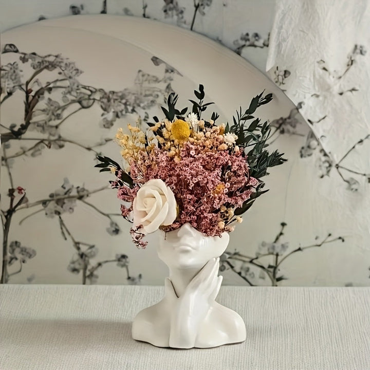 Jarrón de Resina Blanca con Cara Humana Abstracta - Decoración Moderna para el Hogar y Contenedor de Flores, Escultura Contemporánea para Sala de Estar, Oficina, Hotel, Jardín, Pieza Artística de Arte, Artesanía Intrincada, Perfecto para Acción de Gracias