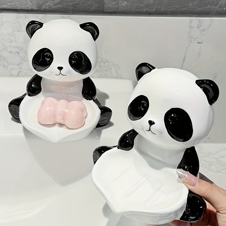 Plato para Jabón de Panda Lindo con Drenaje - Sin Acumulación de Agua, Diseño Independiente, Decoración de Baño o Cocina en Porcelana Blanca y Negra, Incluye Soporte para Jabón para Almacenamiento Fácil
