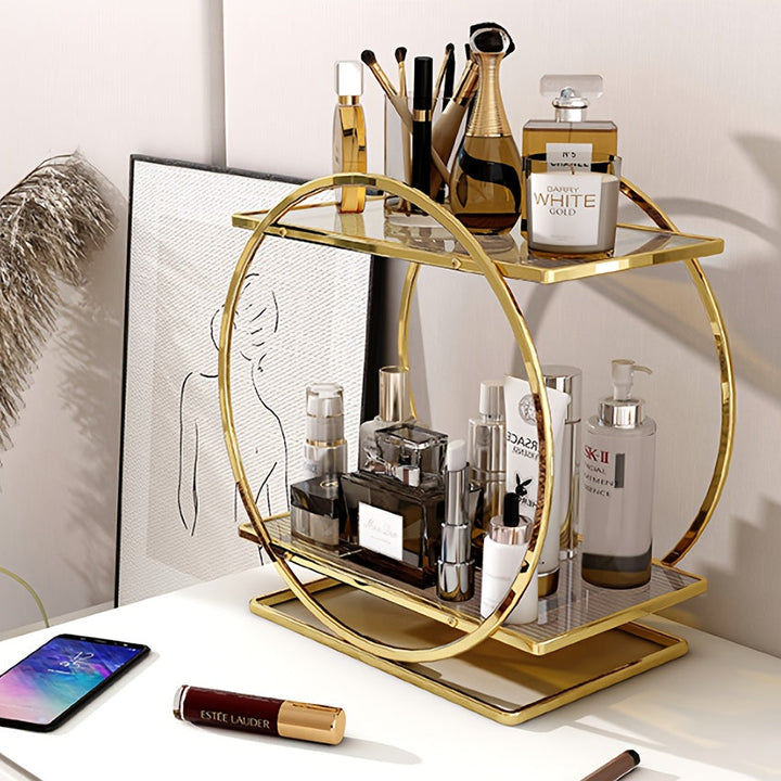 Organizador de Cosméticos Doble Capa de Acero Inoxidable - Estante Redondo Moderno de 27 Pulgadas para Cuidado de la Piel y Perfumes con Base de Mármol | Acabado Metálico Dorado, Regalo Perfecto para 10 Ocasiones Especiales