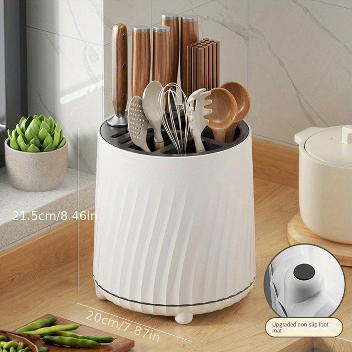 Soporte Giratorio de 360° para Cuchillos y Utensilios - Elegante Estantería de Cocina Blanca con Mangos de Madera, Diseño de Múltiples Compartimentos para Palillos, Cuchillos y Más - Plástico Duradero, Organizador de Encimera que Ahorra Espacio