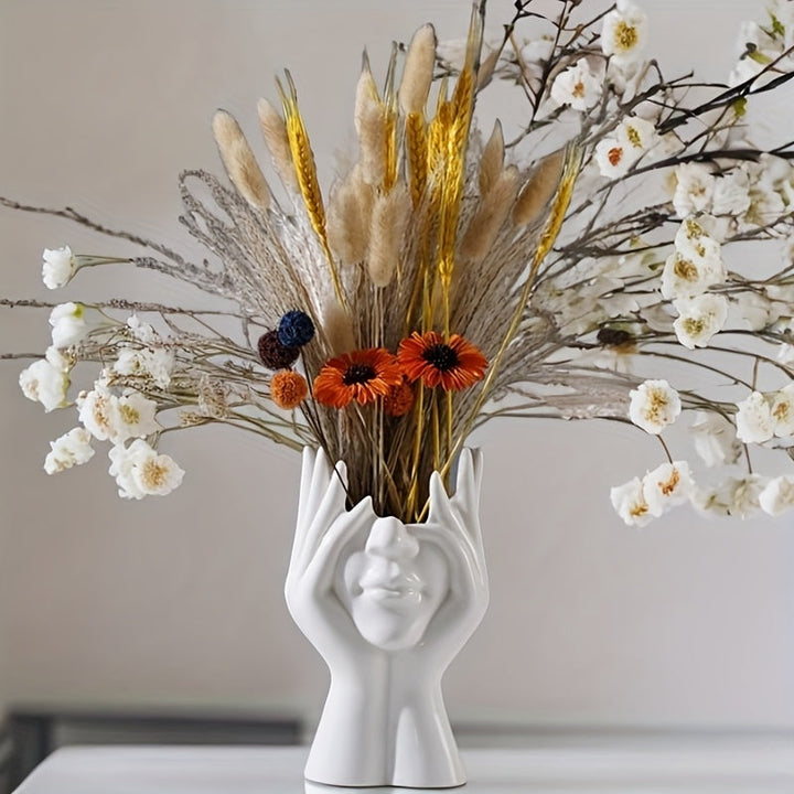 Jarrón de Resina Blanca con Cara Humana Abstracta - Decoración Moderna para el Hogar y Contenedor de Flores, Escultura Contemporánea para Sala de Estar, Oficina, Hotel, Jardín, Pieza Artística de Arte, Artesanía Intrincada, Perfecto para Acción de Gracias