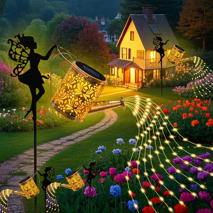 1 regadera solar con luces LED para jardín, tira de luces decorativa de metal para exteriores, ideal para césped, patio y decoración de festivales. Un regalo perfecto para mamá, vecinos y amigos