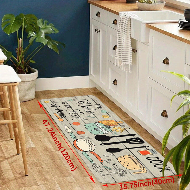 Alfombra de cocina moderna con diseño de cubiertos y letras, en poliéster, 1 unidad