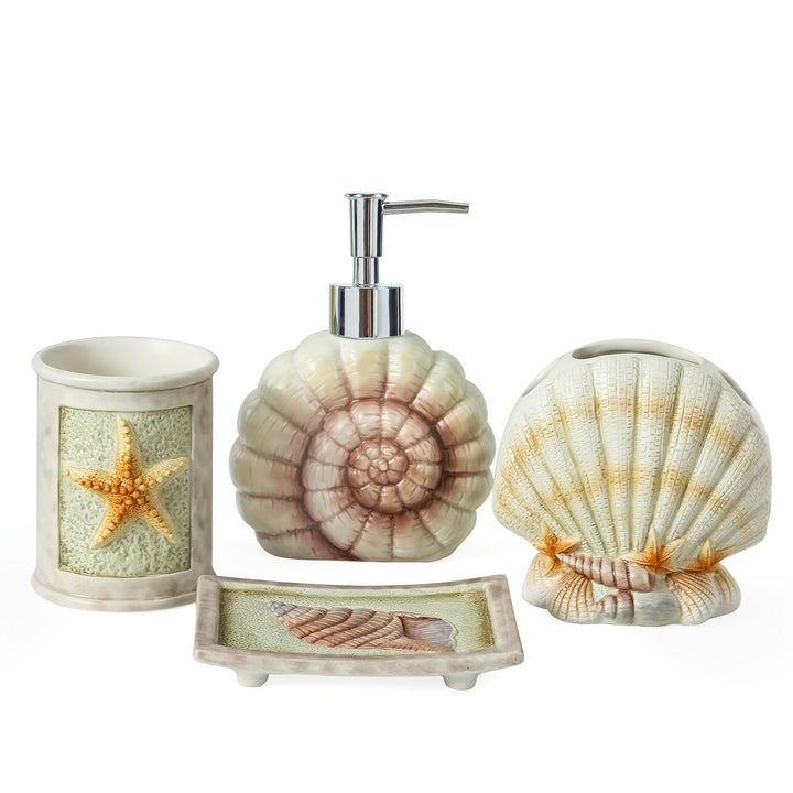 Conjunto de accesorios de baño de cerámica con conchas marinas de 4 piezas, 1 tazas para gargajeo, 1 soportes para cepillos de dientes, 1 platos para jabón, 1 dispensador de jabón (esmalte mate)