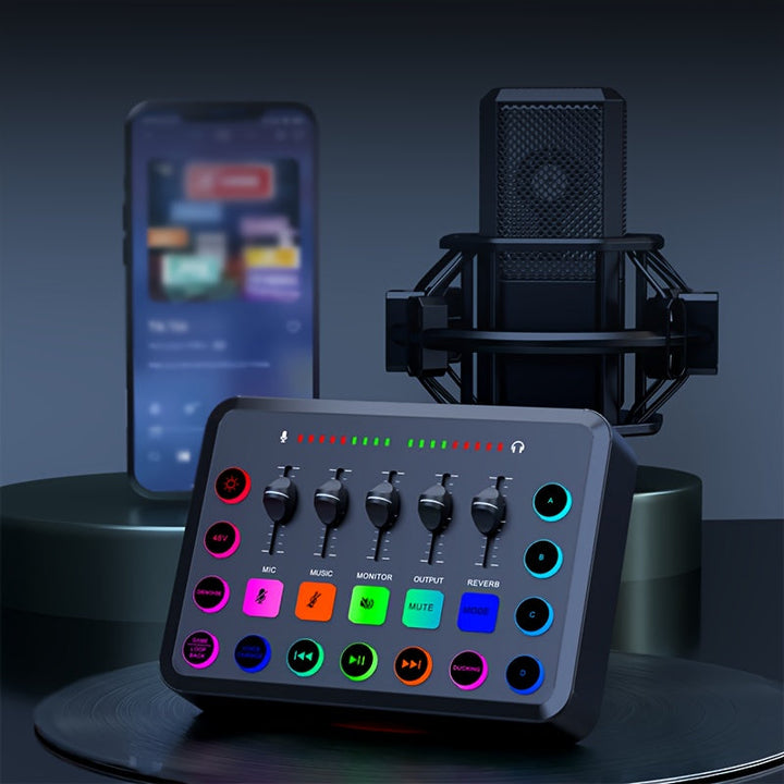 Tarjeta de Sonido en Vivo con Reducción de Ruido de Un Solo Clic, Bloqueo Inteligente de Bajos y Iluminación RGB Vibrante - Recargable por USB, Compatible con Teléfonos/Computadoras