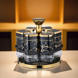 [Tarros de Especias de Vidrio Dorados] Set de 6 pzas de Tarros de Especias de Vidrio con Acentos Dorados - Contenedores Giratorios Seguros para Alimentos - Botellas de Condimentos para Cocina con Estante para Especias