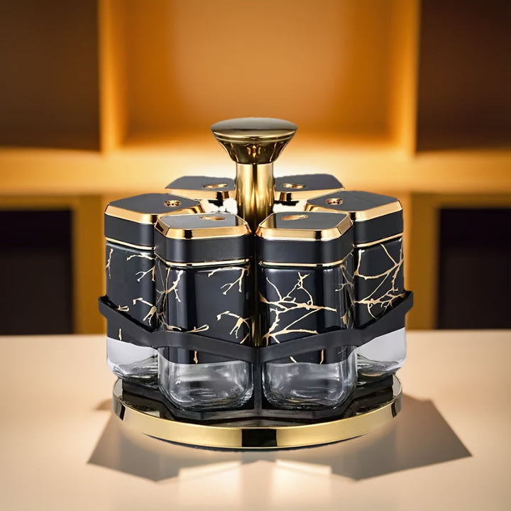 [Tarros de Especias de Vidrio Dorados] Set de 6 pzas de Tarros de Especias de Vidrio con Acentos Dorados - Contenedores Giratorios Seguros para Alimentos - Botellas de Condimentos para Cocina con Estante para Especias