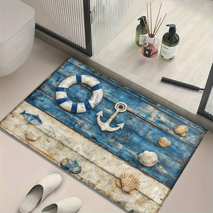 Un felpudo de puerta de madera azul náutico y blanco, lavable a máquina, antideslizante y duradero, adecuado para entradas, cocinas, baños y duchas, alfombra decorativa mullida.