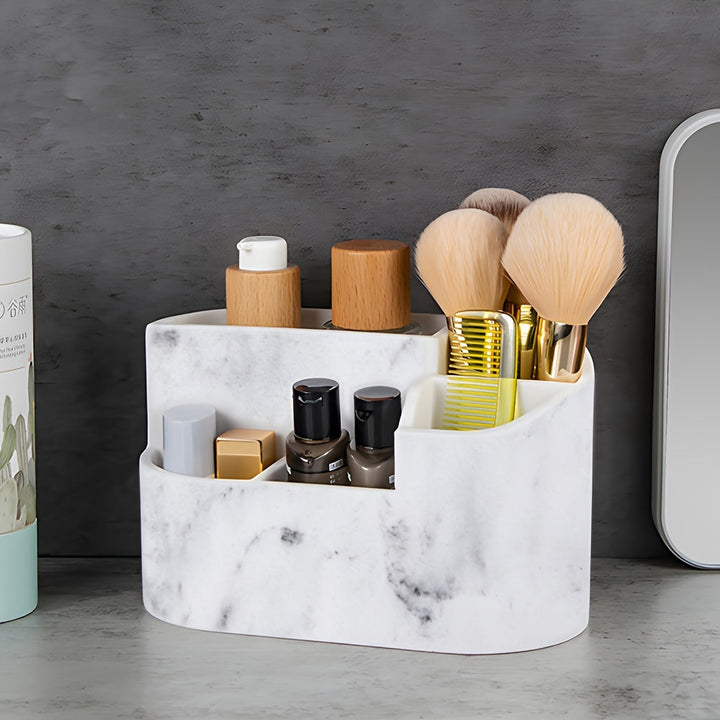 Portacepillos de resina color mármol blanco, organizador de baño independiente para cepillo de dientes eléctrico, pasta dental, rastrillo, bolas de algodón, hisopos, hilo dental y caja de almacenamiento para artículos de maquillaje