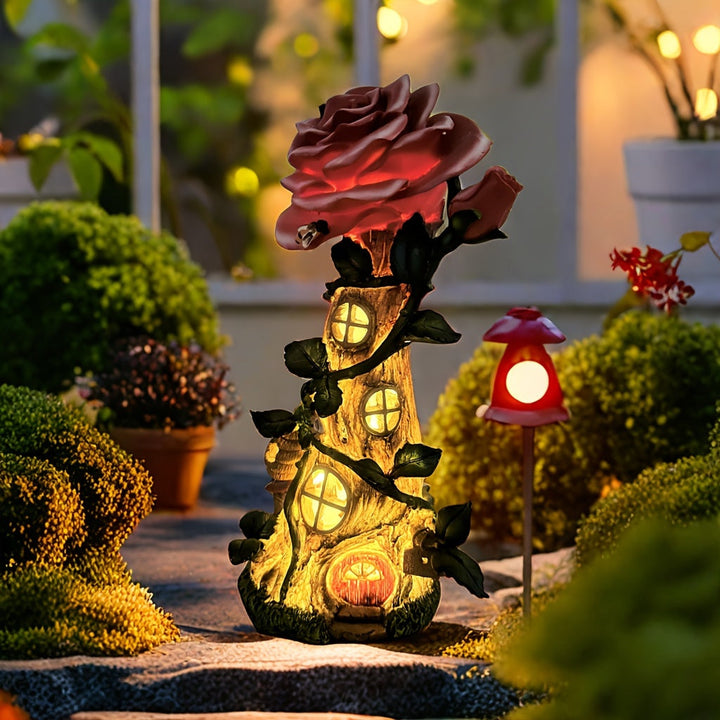 1pc Artesanía de resina Luz solar, Casa de rosas romántica, Casa de rosas que brillará, Adecuado para patio al aire libre, césped, jardín, estanque, mesa, porche, balcón, decoración navideña, regalos para amigos