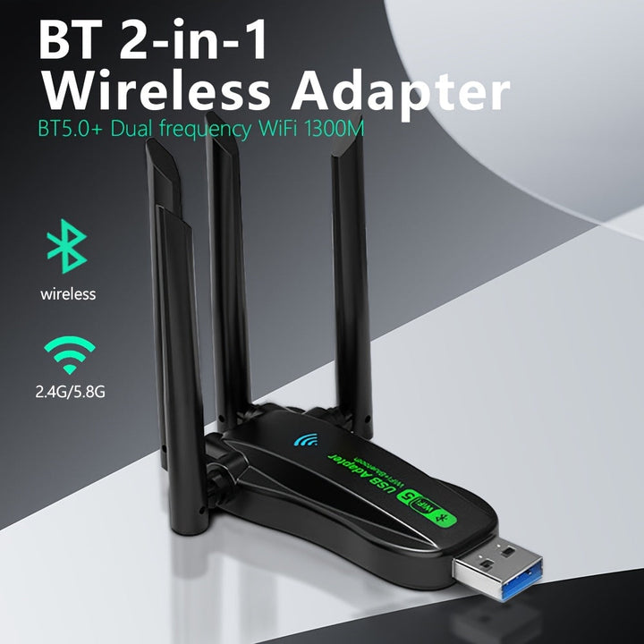 Adaptador USB inalámbrico 2 en 1 WILLONACK, WiFi de doble banda 4.2+2.4G, alcance de 1300M, tarjeta de red inalámbrica, transferencia de datos de alta velocidad, plug & play, compatible con teclado, mouse, bocinas - Negro
