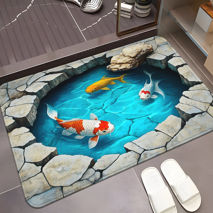 Alfombra de Entrada 2D Ilusión Estanque de Koi - Diseño Vibrante con Peces Koi y Plantas Acuáticas, Antideslizante Lavable a Máquina en Poliéster, Decoración para Baño, Dormitorio o Sala, Accesorios Serenos para Suelo, Plano 2D