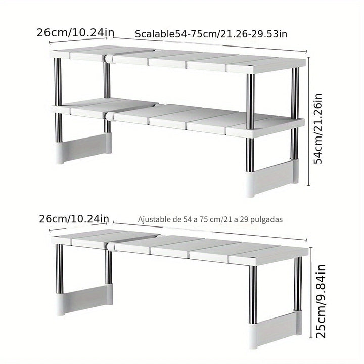 Estante de almacenamiento ajustable de acero inoxidable debajo del fregadero - Estante organizador de gabinete de cocina de un solo nivel/doble nivel, diseño no hueco, material de metal y plástico